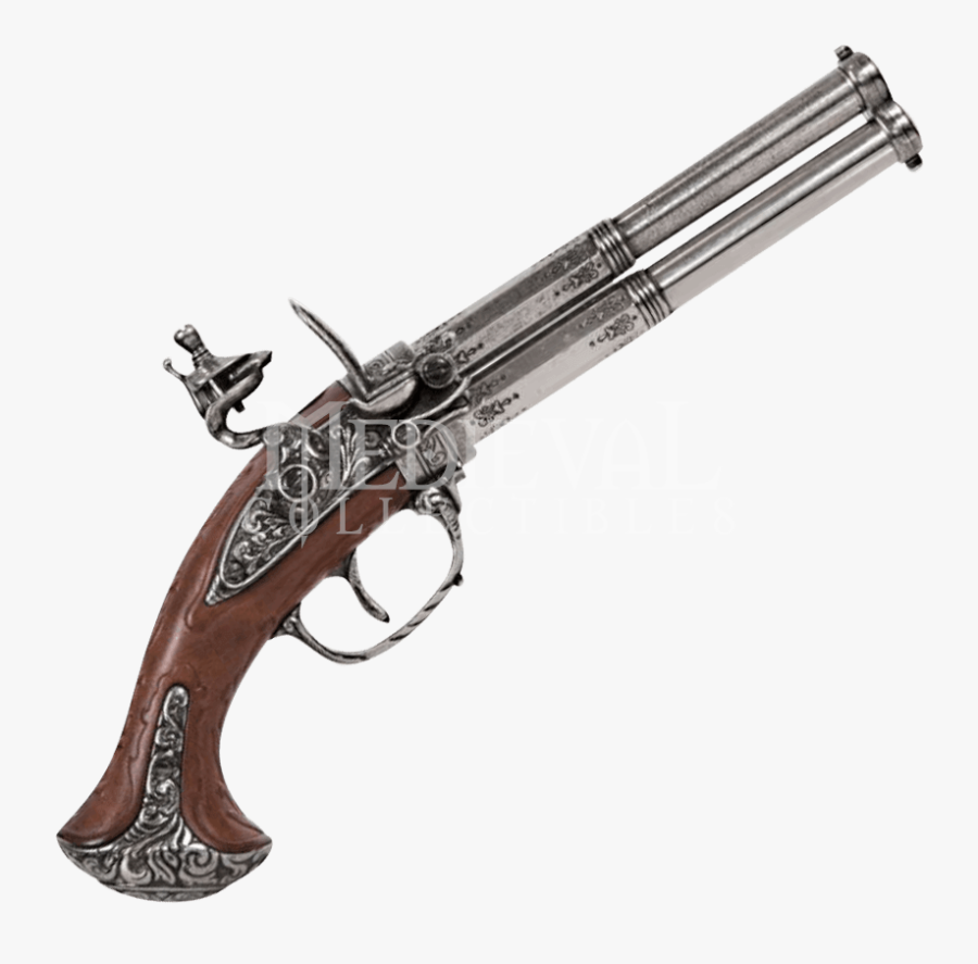 Ornate Double Barrel Flintlock Pistol, Transparent Clipart