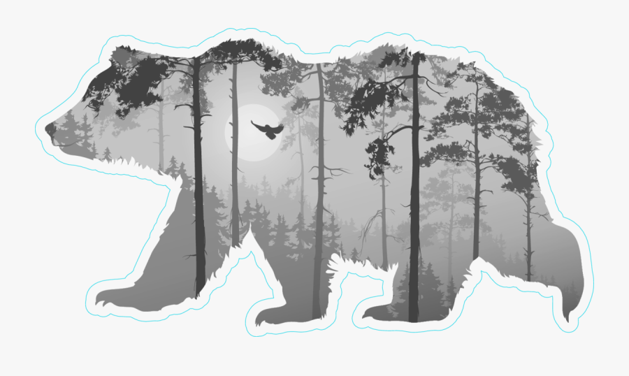 Forest With A Flying Owl In Bear Silhouette Sticker - Bear Silhouette With Forest, Transparent Clipart