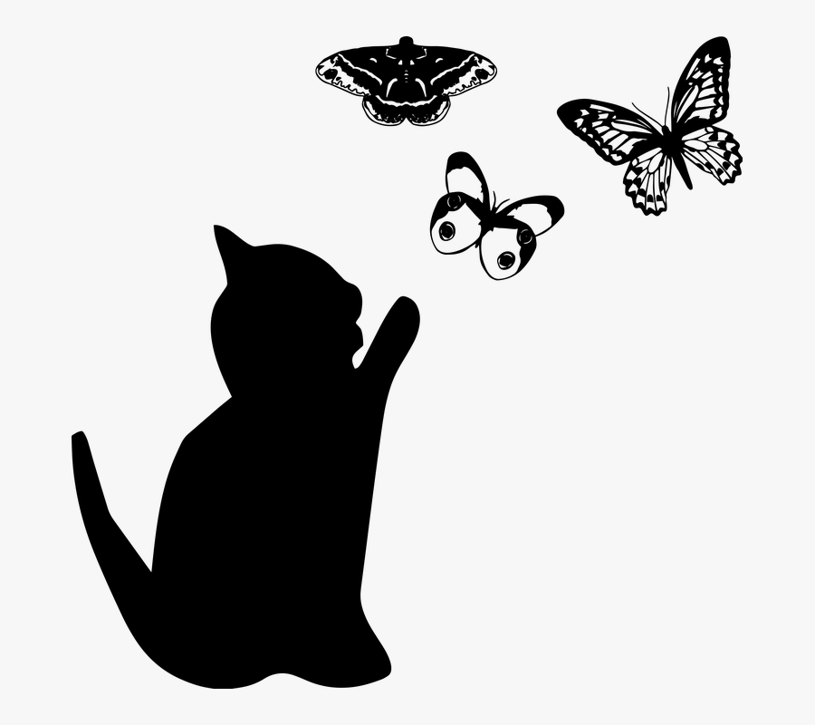 Cat And Butterflies, Cat Silhouette - Cat Silhouette Transparent, Transparent Clipart