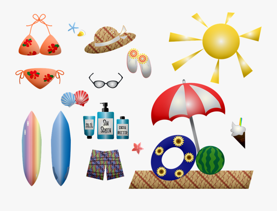 Summer, Sun, Hat, Bikini, Surf Board, Umbrella - Summer, Transparent Clipart