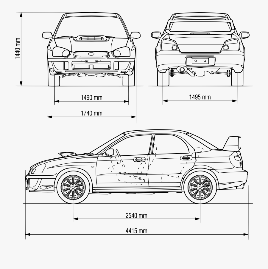 Vector Blueprint Car Transparent Png Clipart Free Download - Subaru Impreza Wrx Dimensions, Transparent Clipart