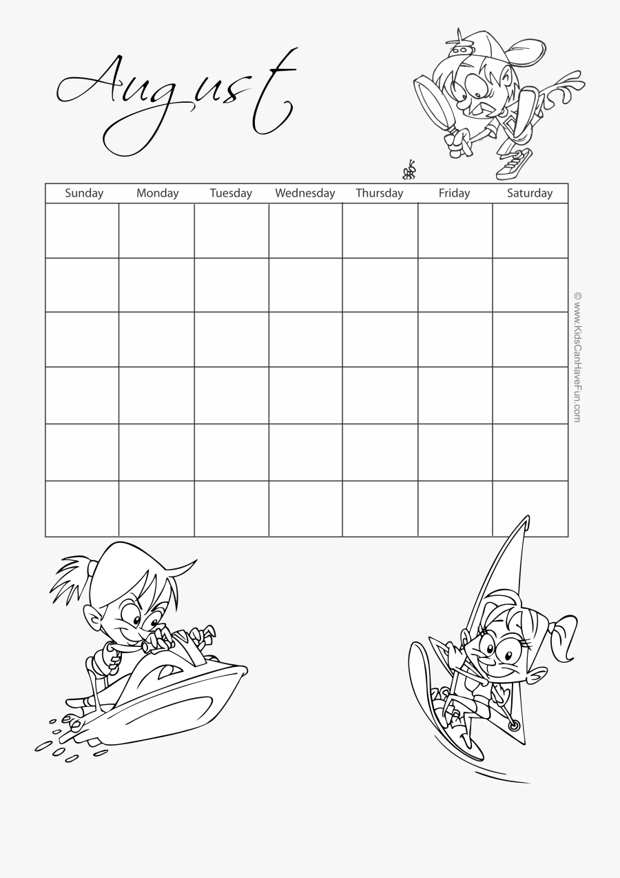 August Monthly Coloring Calendar Http - August 2019 Calendar Printable Colorable, Transparent Clipart