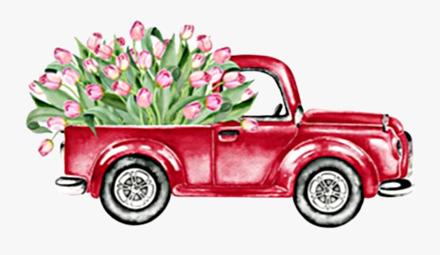 #watercolor #truck #flowers #tulips #vintage #antique - Red Truck With Flowers, Transparent Clipart