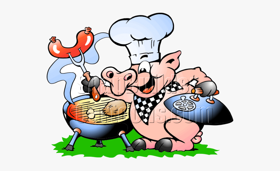 Chef Pig Bbq Grill Cooking Hotdogs - Bbq Cartoon Pig, Transparent Clipart