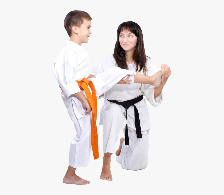 Instructor Teaching Boy How To Kick - Karate, Transparent Clipart