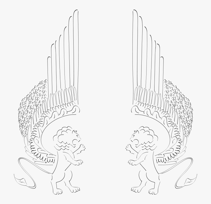 Winged Lions Facing In - Winged Lions Line Drawing, Transparent Clipart