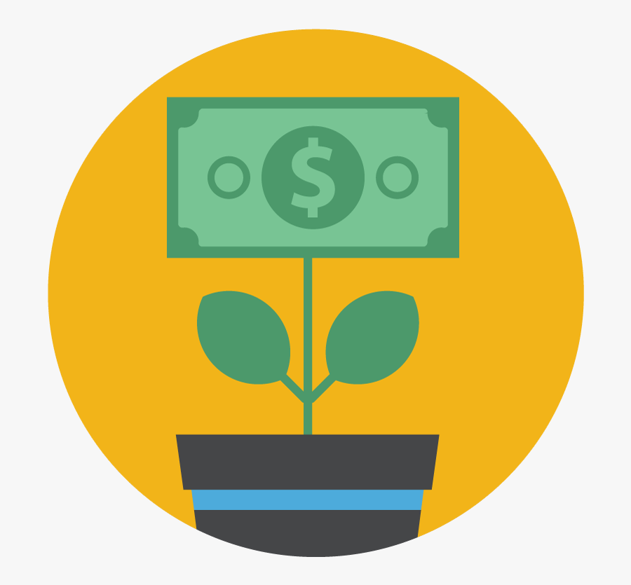 Big Money Plant & Pot Vector Art On Yellow Background - Notes And Coins Icon, Transparent Clipart