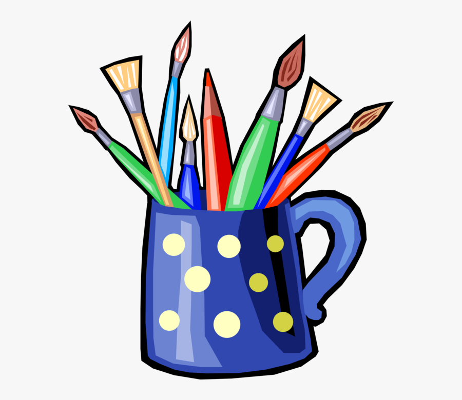 Vector Illustration Of Colored Pencil Writing Instruments - Cute Paint Brushes In Cup Clip Art, Transparent Clipart