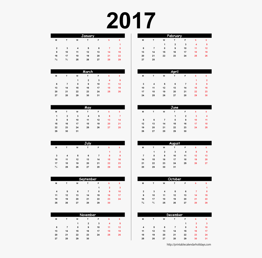 Clip Art Blank Yearly Template - 12 Month Printable 2017 Calendar, Transparent Clipart