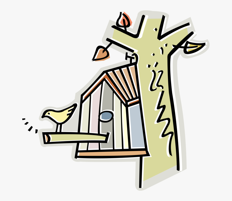 Vector Illustration Of Bird On Tree Branch With Birdhouse, Transparent Clipart