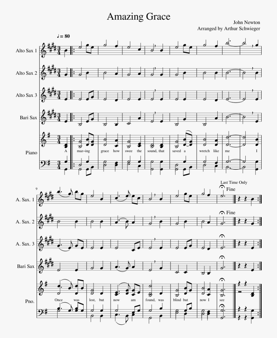 Amazing Grace Sheet Music Composed By John Newton Arranged - Alto Sax Amazing Grace Alto Saxophone Sheet Music, Transparent Clipart