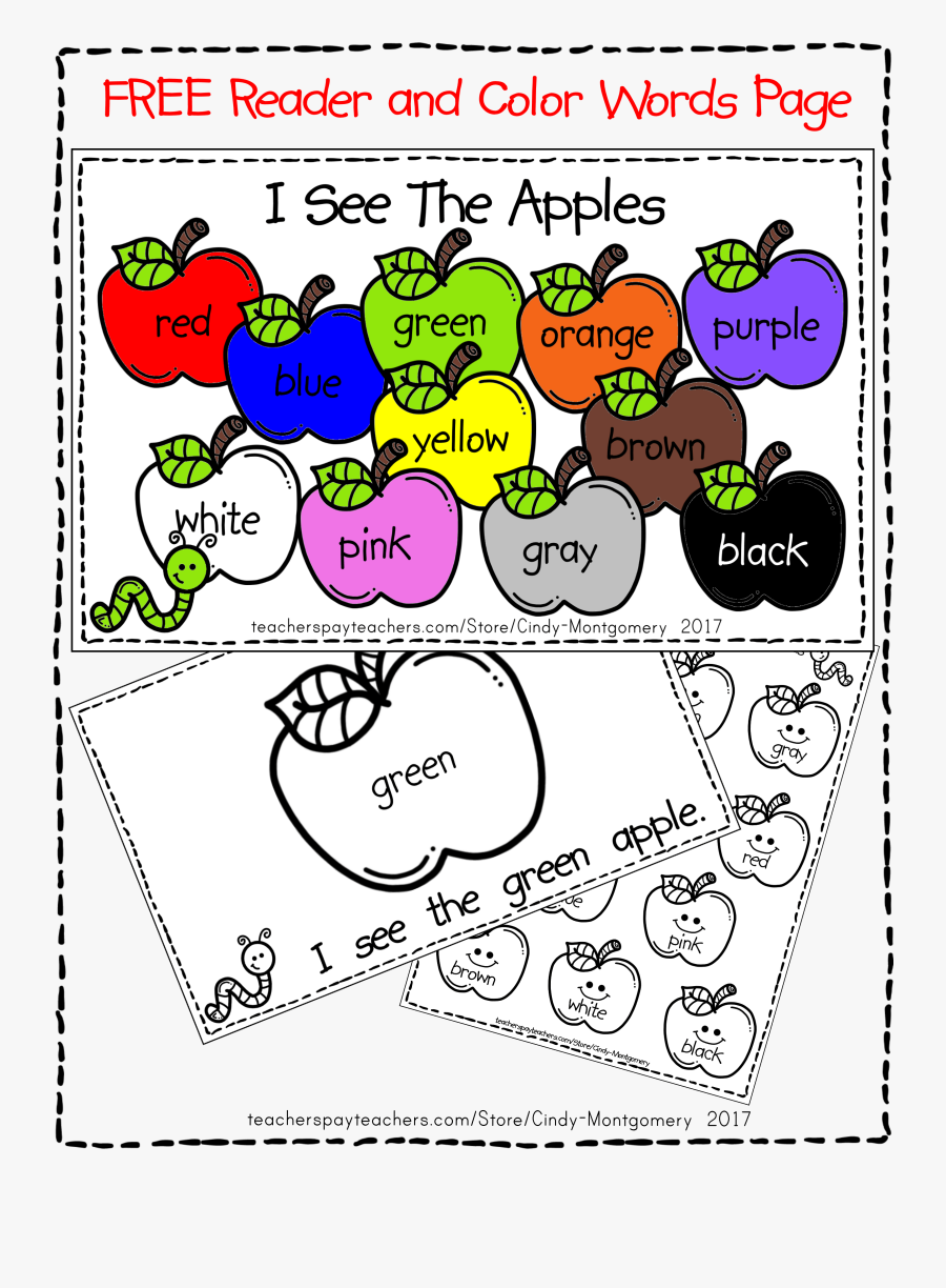 Free I See Apples Reader And Color Words Page - Cartoon, Transparent Clipart